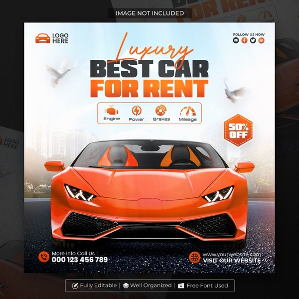 car rental, vehicle rental, luxury car hire, rent a car, car hire service, sports car rental, sale promotion, limited time deal, modern typography, minimalist, energetic, bold, orange, black, neutral